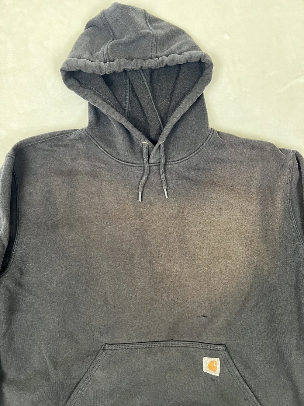 Carhartt Hoodie Sweatshirt Mens XL Black Spell Out Arm Sun Faded Thrashed